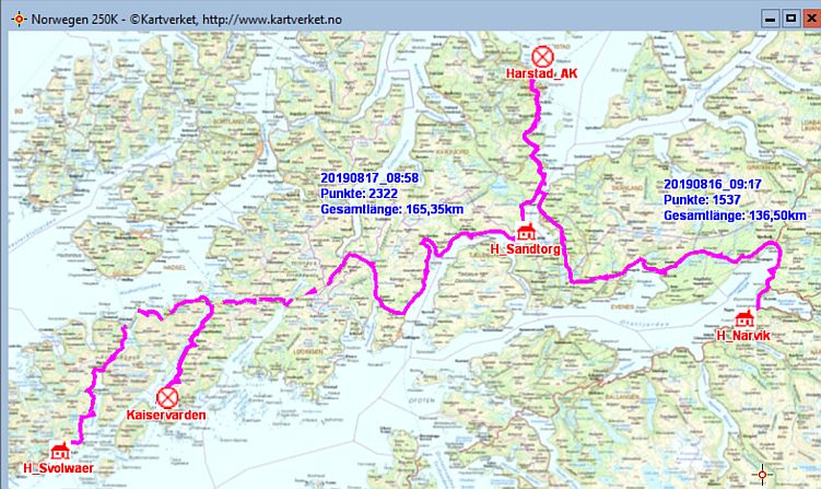 Fahrstrecke Narvik − Sandtorg − Svolvær