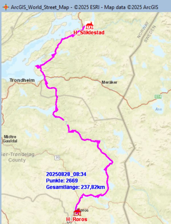 Fahrstrecke Røros − Stiklestad