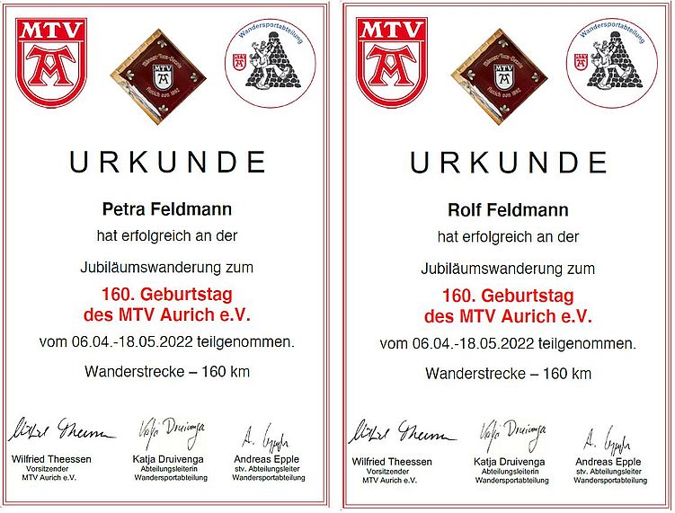 Urkunde vom MTV Aurich