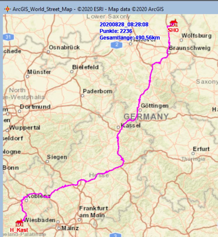 Fahrstrecke Schönewörde − Kastellaun am 28.08.2020