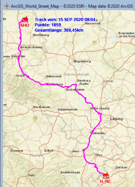 Fahrstrecke Schönewörde − Reichen bach im Vogtland am 15.09.2020