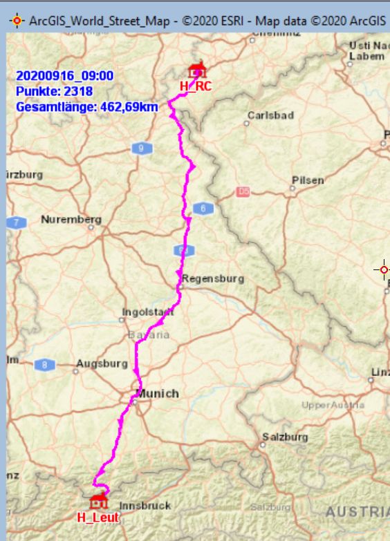 Fahrstrecke Reichen bach im Vogtland − Leutach Tirol am 16.09.2020