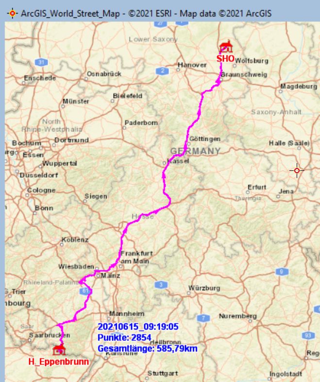 Fahrstrecke Eppenbrunn  − Schönewörde am 15.06.2021